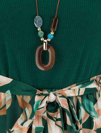 Robe bimatière à imprimé feuillage stylisé - Vert foncé - 3