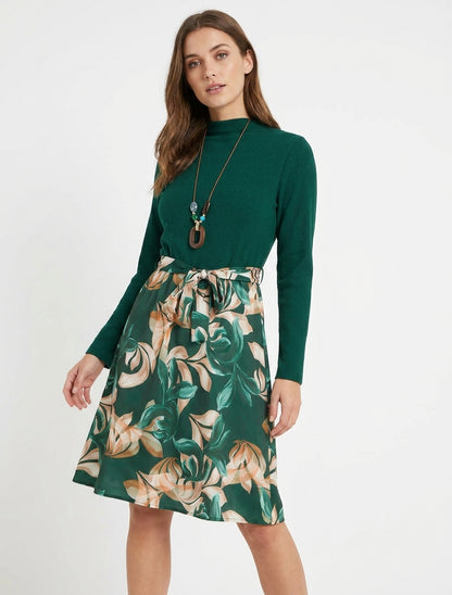 Robe bimatière col montant à ceinture - Vert foncé