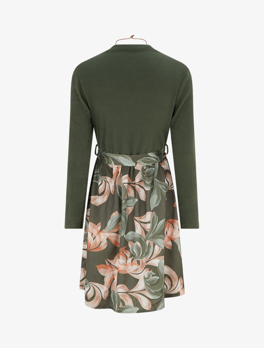 Robe bimatière à imprimé feuillage stylisé - Kaki - 2