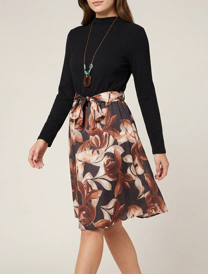 Robe bimatière col montant à imprimé - Noir