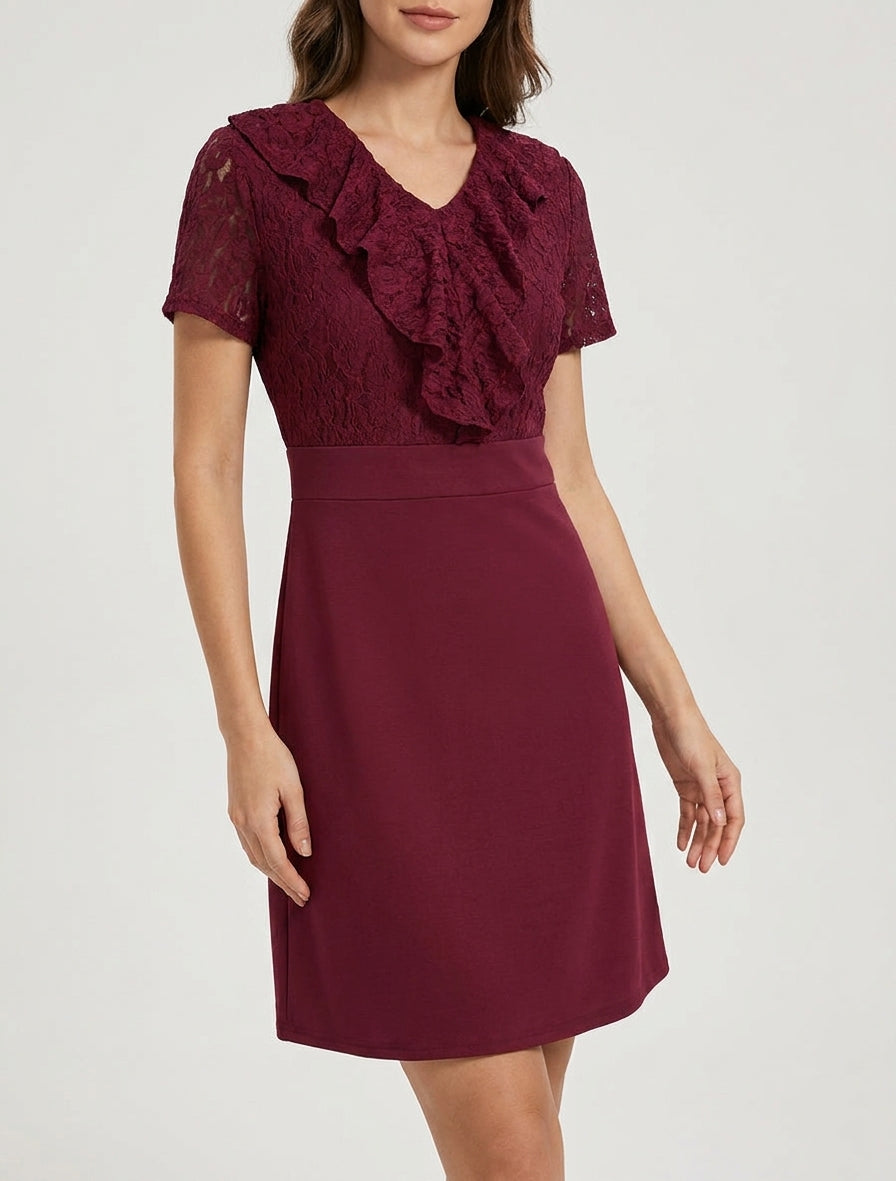 Robe droite col V en dentelle - Lie de vin