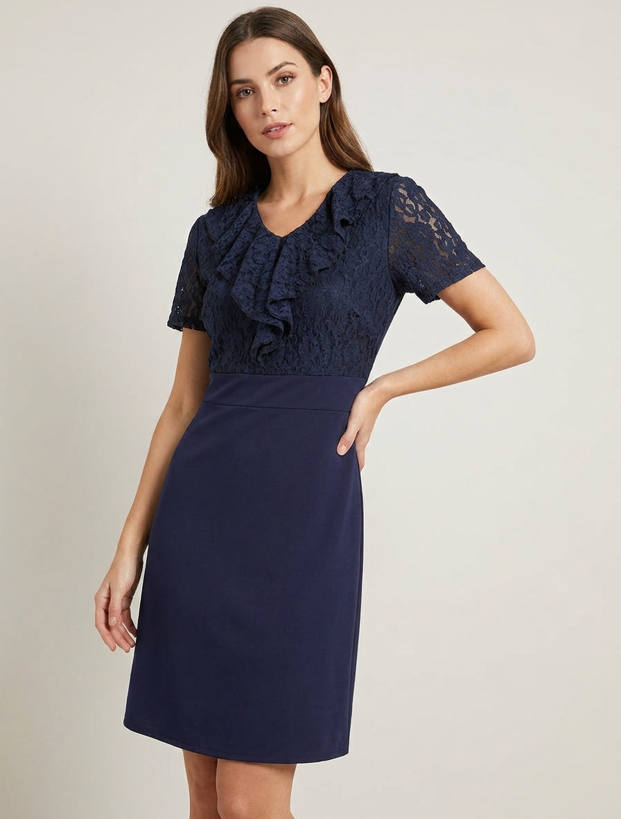 Robe droite col V en dentelle - Marine