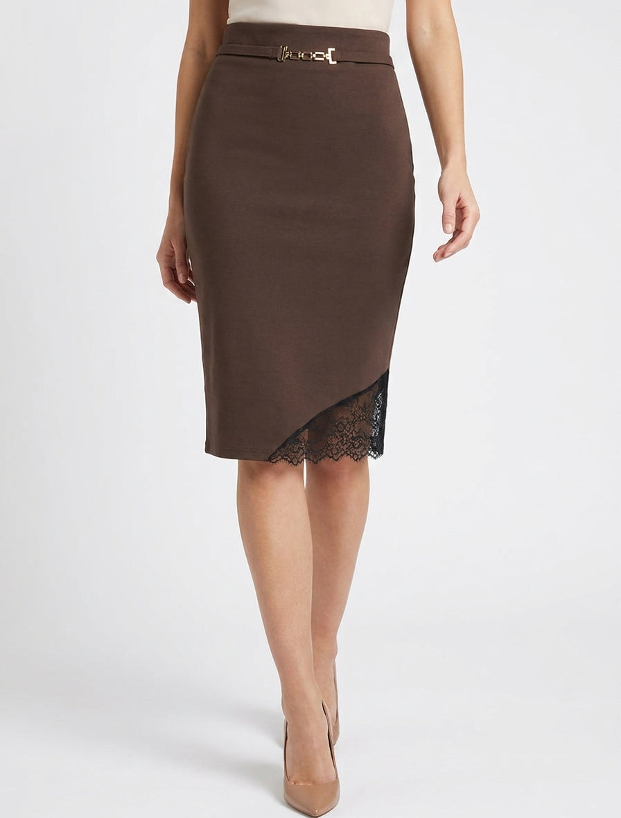 Jupe crayon taille haute ceinturée - Marron