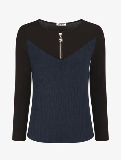 Pull bimatière à encolure zippée - Marine - 4