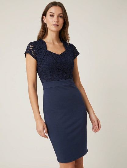 Robe moulante col cœur en dentelle - Marine
