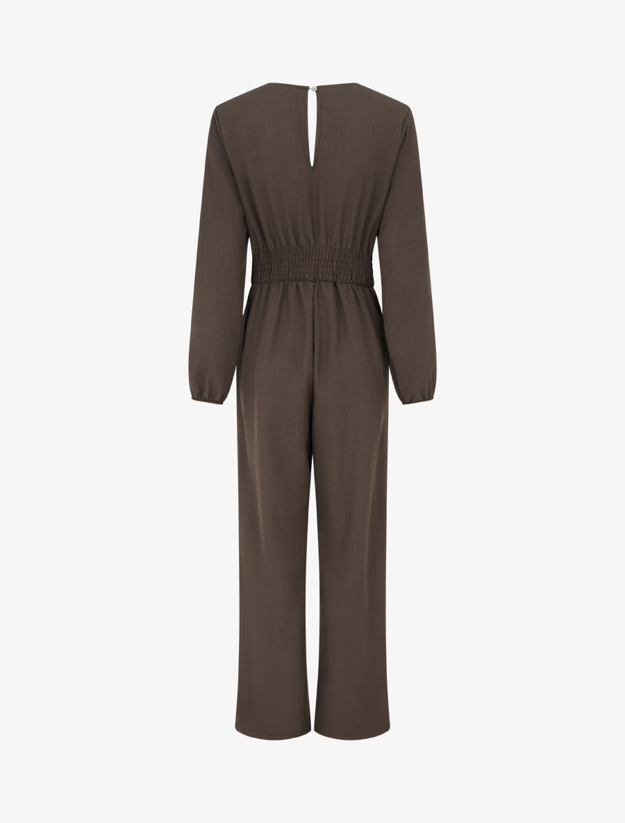 Combinaison manches longues à taille effet drapé - Marron - 2