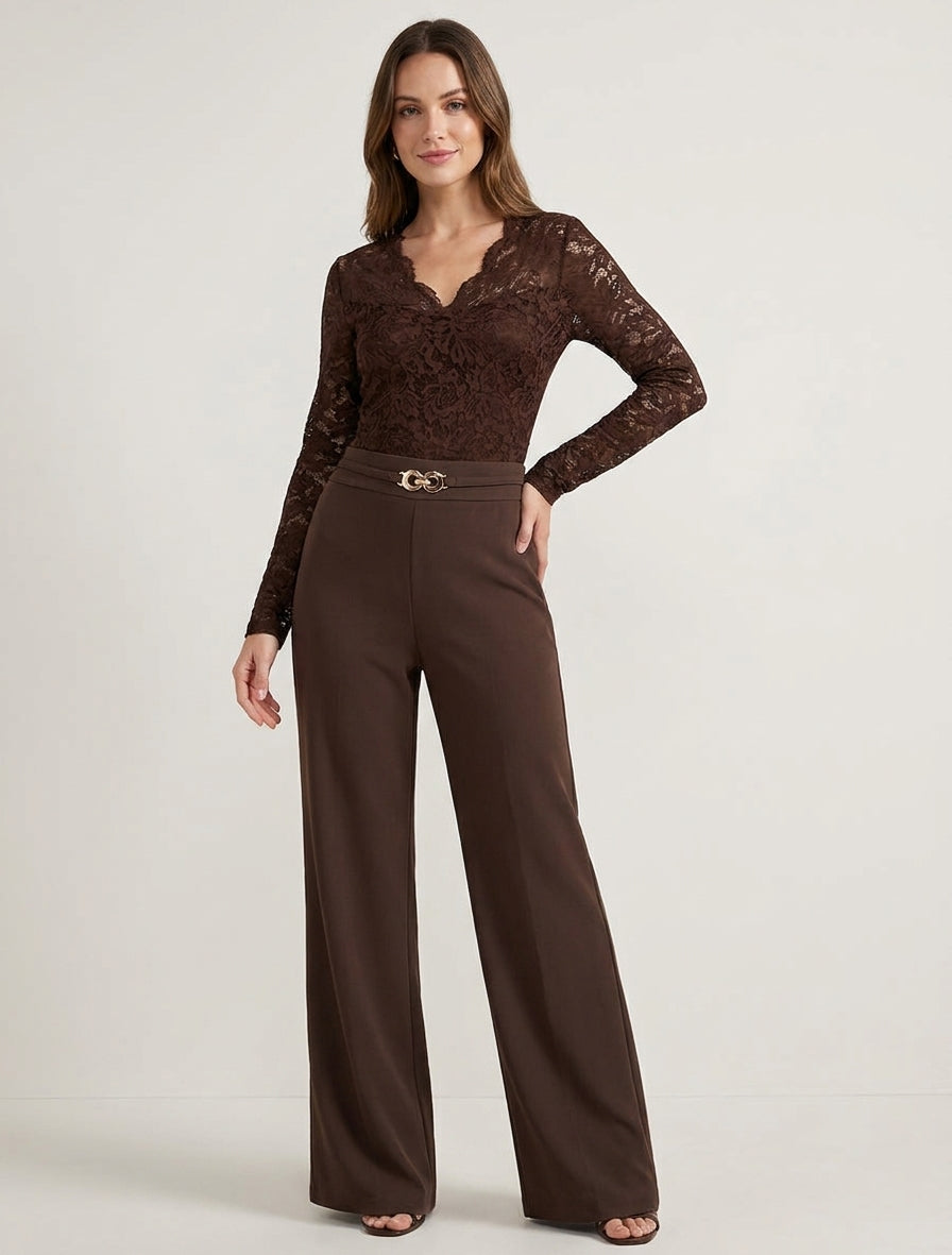 Combinaison fluide col V en dentelle - Marron