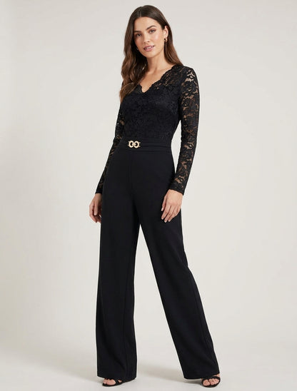 Combinaison fluide col V en dentelle - Noir