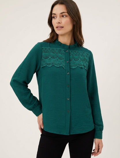 Blouse fluide dentelle col montant - Vert foncé