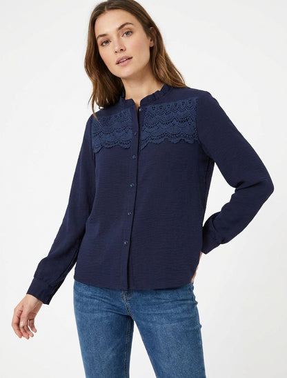 Blouse fluide à empiècement dentelle - Marine