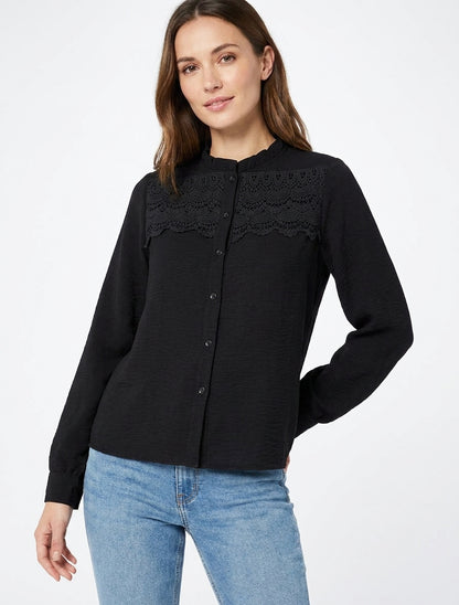 Blouse fluide à empiècement dentelle - Noir