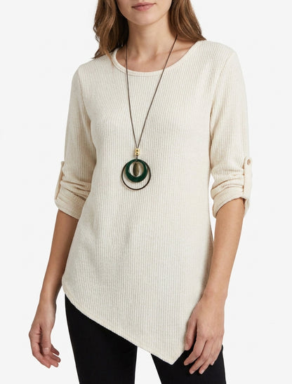 Pull côtelé encolure ronde - Crème