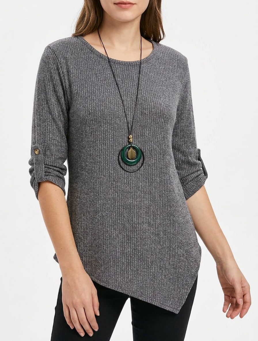 Pull côtelé encolure ronde asymétrique - Gris