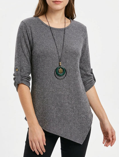 Pull côtelé encolure ronde asymétrique - Gris