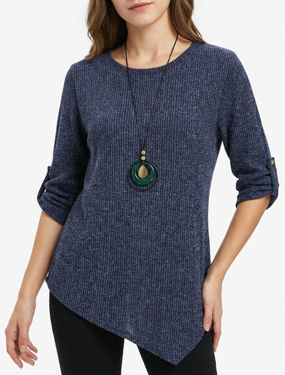 Pull côtelé encolure ronde asymétrique - Marine