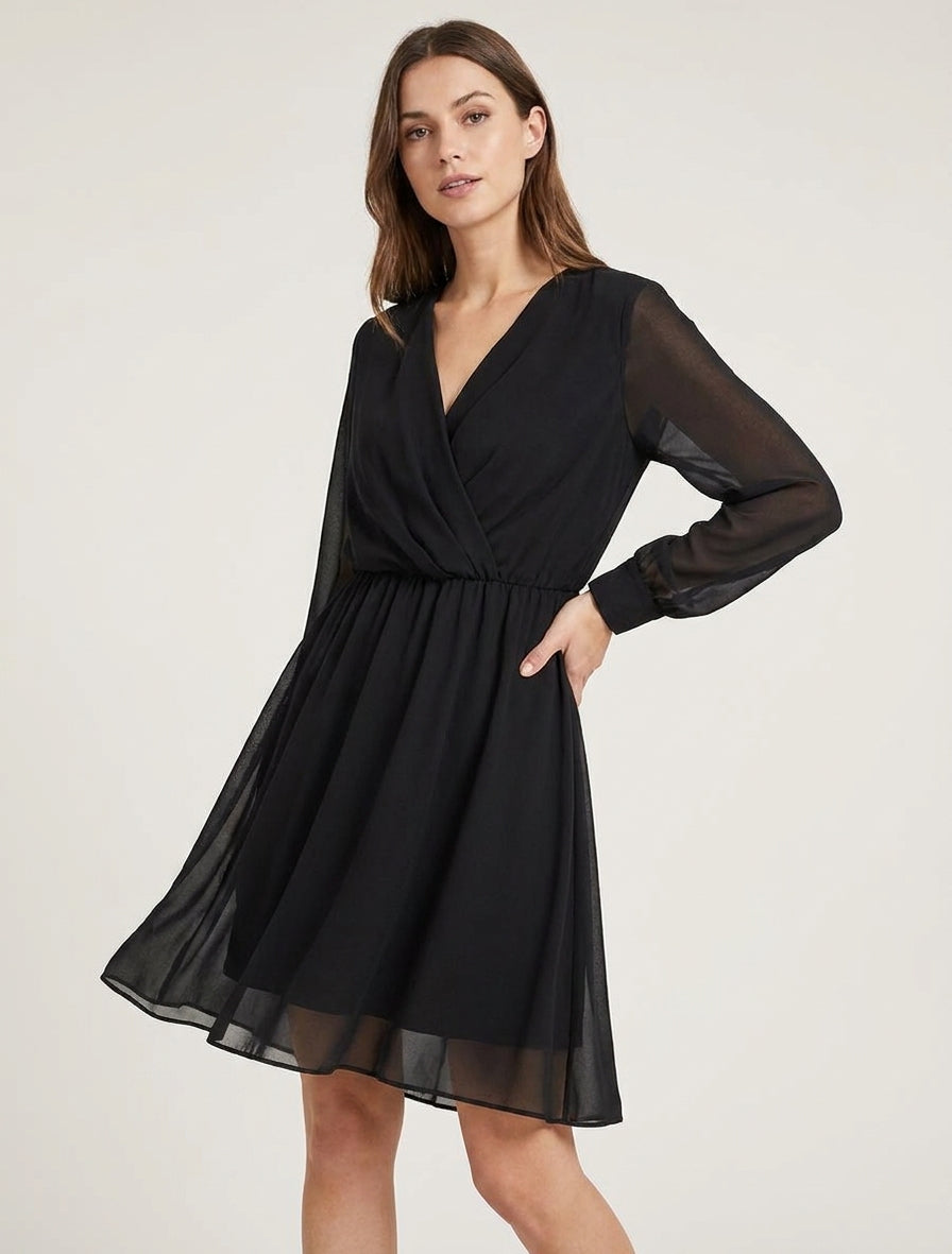 Robe évasée à manches longues transparentes - Noir