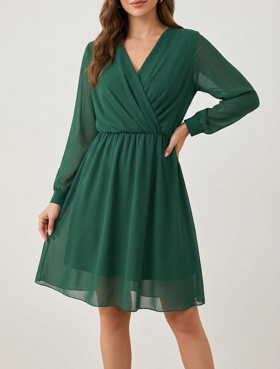 Robe évasée en voile à manches longues - Vert foncé