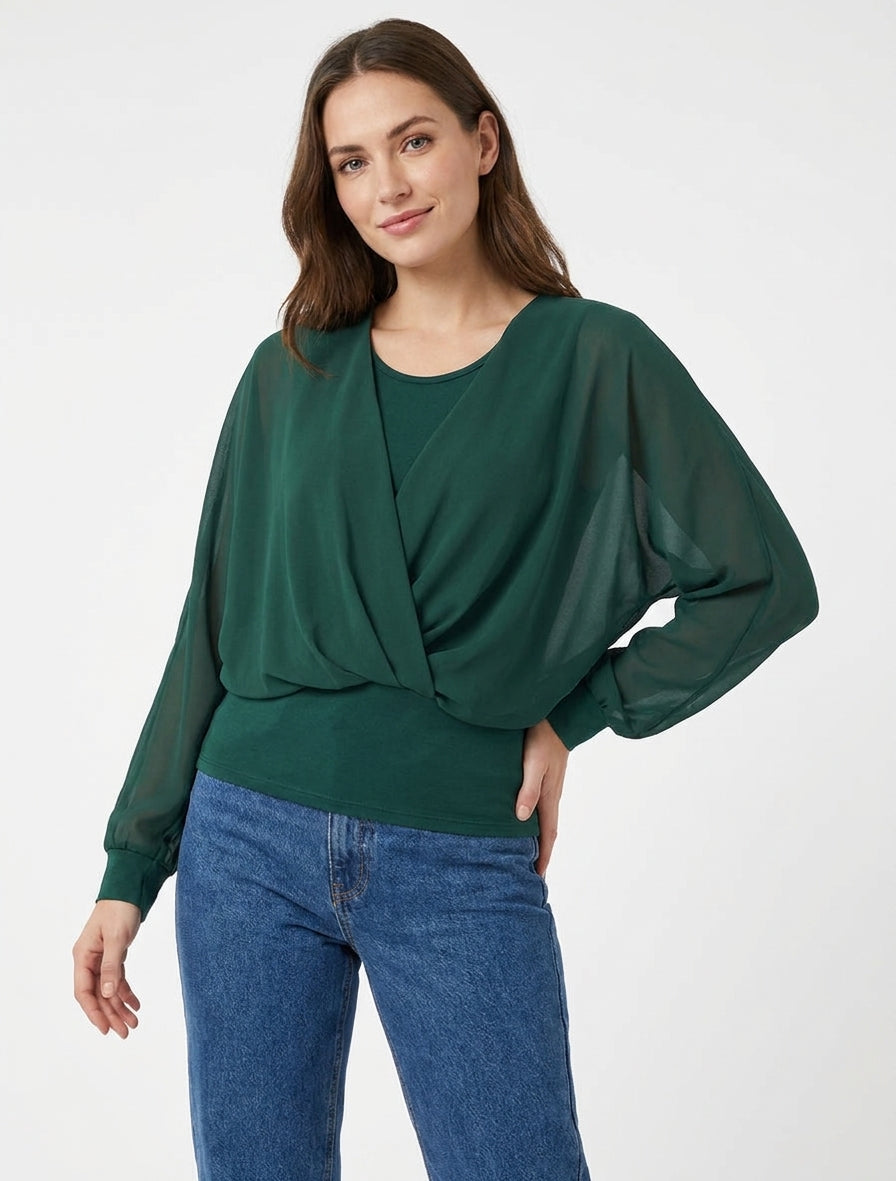 Top fluide cache-cœur chauve-souris - Vert foncé