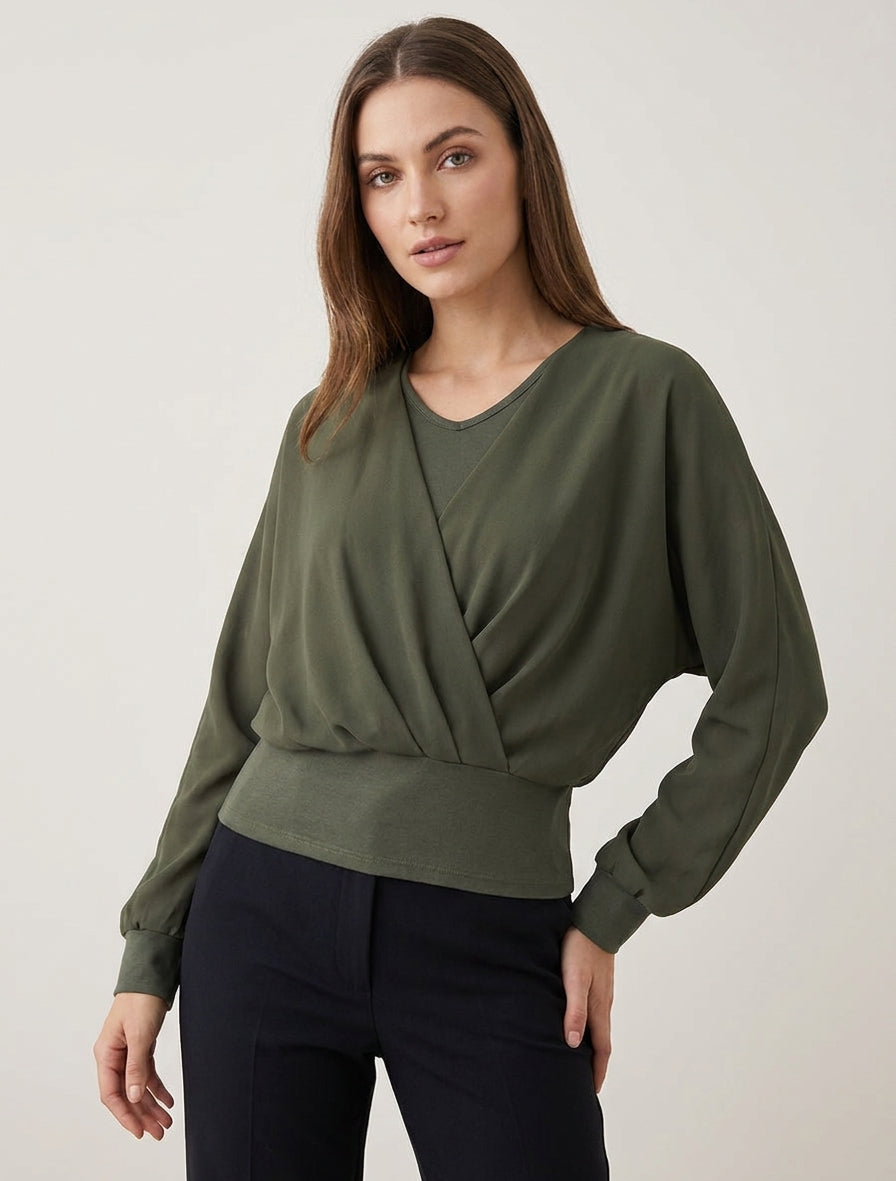 Top fluide cache-cœur manches chauve-souris - Kaki