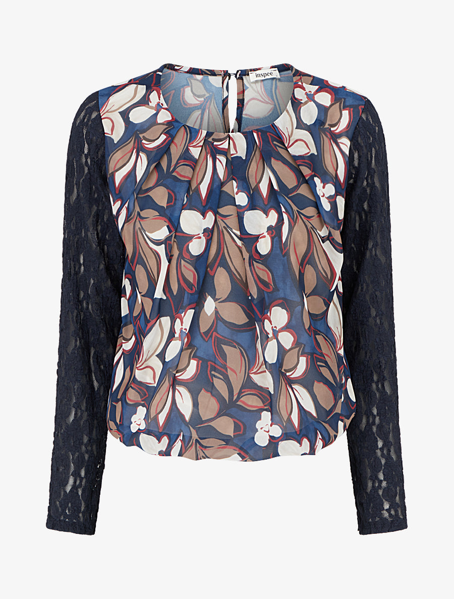 Top boule imprimé fleuri à manches longues en dentelle - Marine - 1
