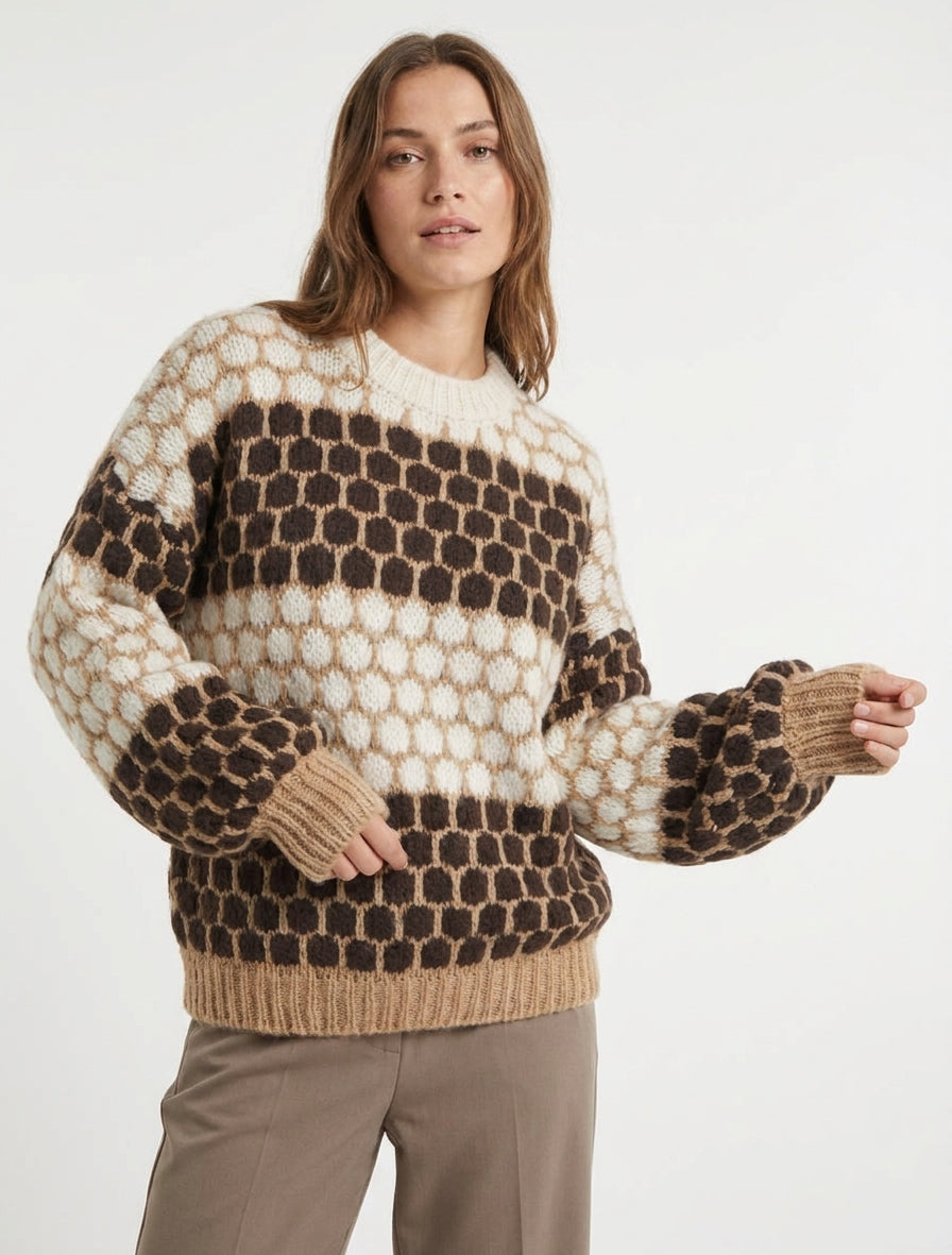 Pull ample en mohair à ronds - Marron/écru