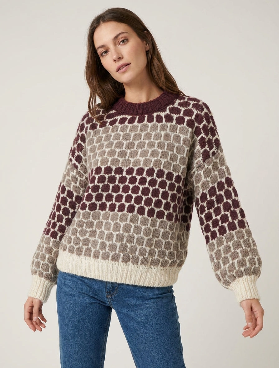 Pull mohair col rond motif ronds - Bordeaux/taupe
