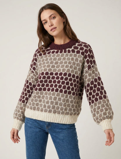 Pull mohair col rond motif ronds - Bordeaux/taupe
