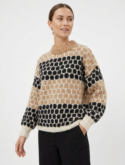 Pull ample en mohair à motif ronds - Camel/noir
