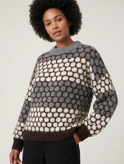 Pull en mohair col rond à motif ronds - Gris/écru
