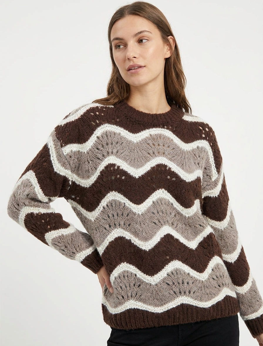 Pull ample ajouré à rayures courbées - Marron/taupe