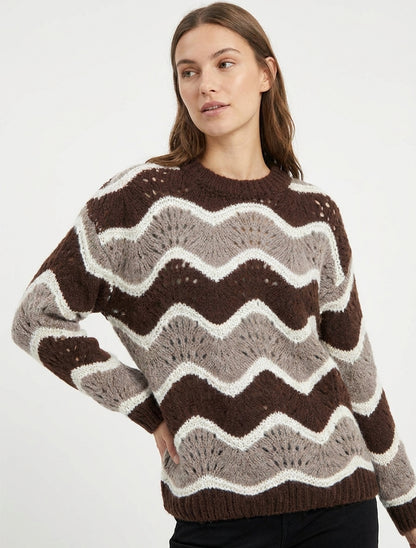 Pull ample ajouré à rayures courbées - Marron/taupe