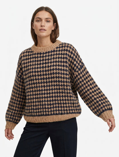 Pull ample col rond motif écaille - Camel