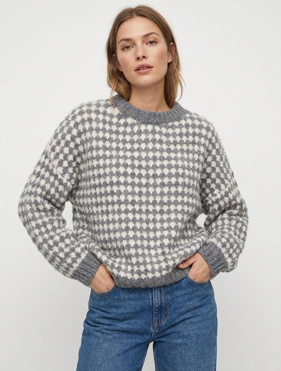 Pull ample col rond à motif écaille - Gris