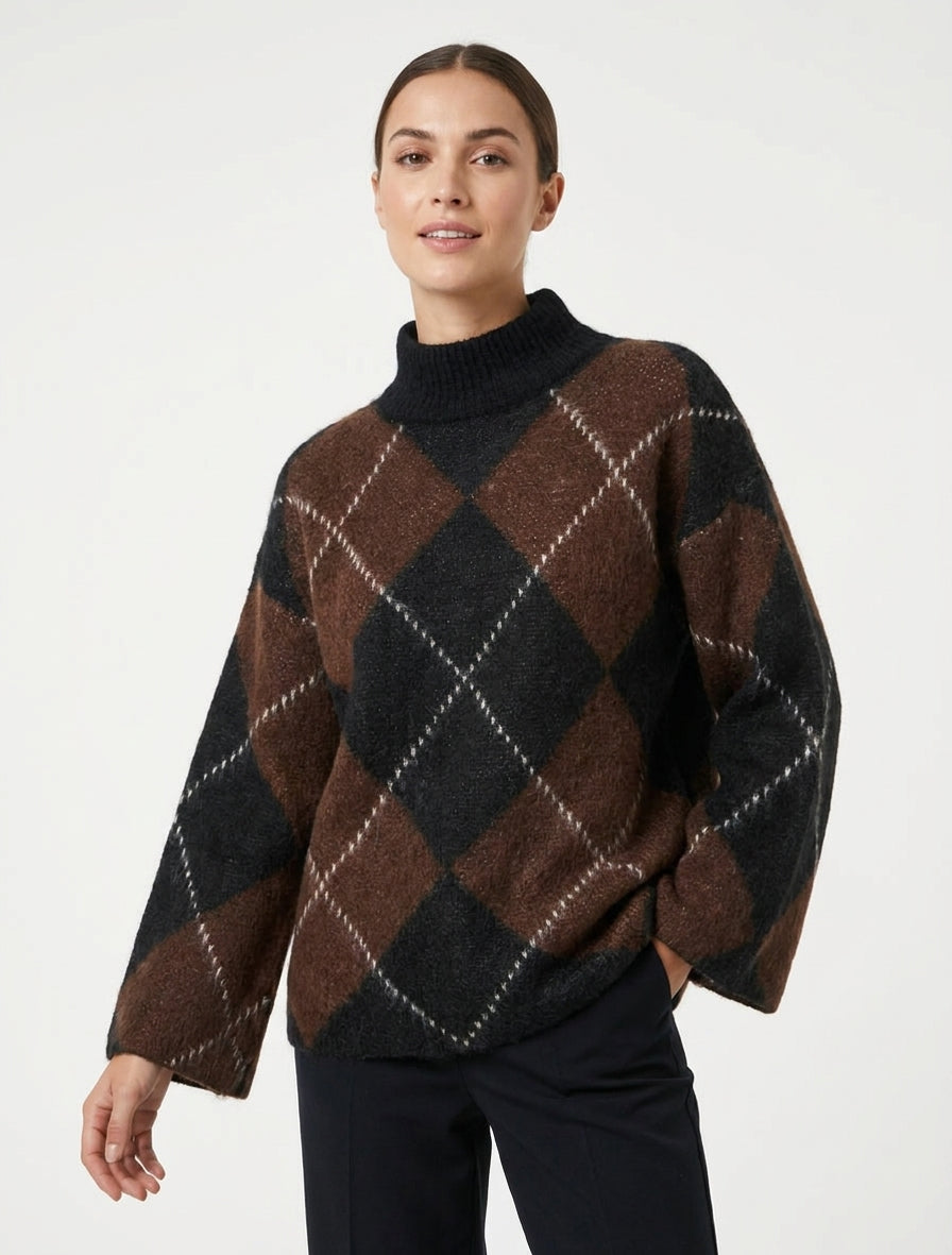 Pull col montant à carreaux mohair - Marron