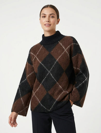 Pull col montant à carreaux mohair - Marron
