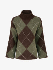 Pull à col montant et motif carreaux en mohair mélangé - Kaki - 1