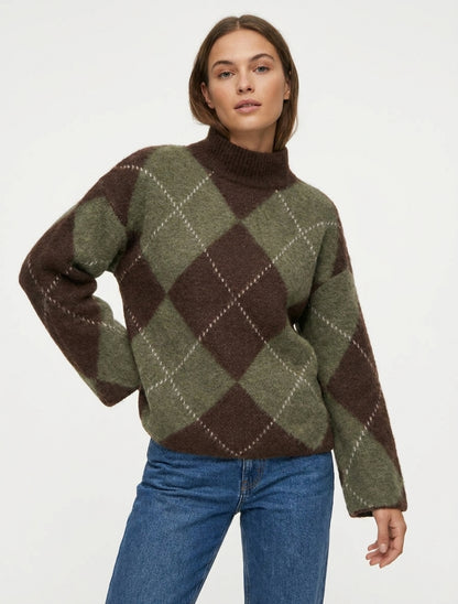Pull col montant à carreaux mohair - Kaki