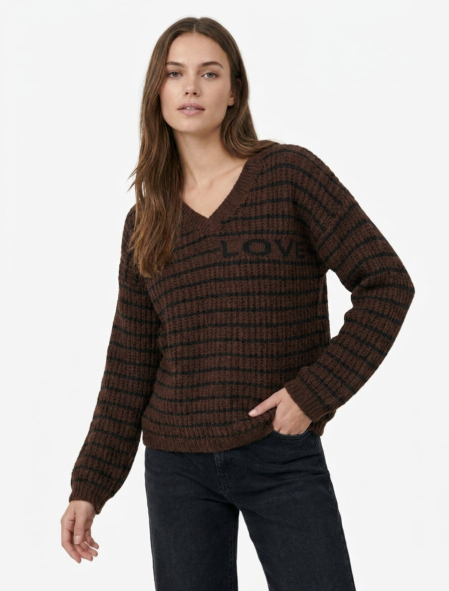 Pull mohair col V à rayures LOVE - Marron