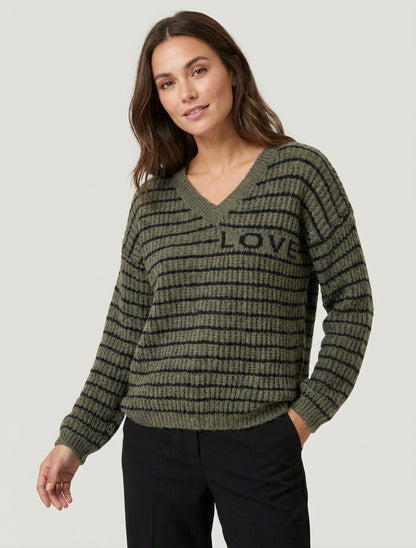 Pull mohair col V à rayures LOVE - Kaki