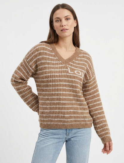 Pull mohair col V à rayures LOVE - Camel