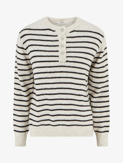 Pull rayé ample col boutonné - Écru - 1