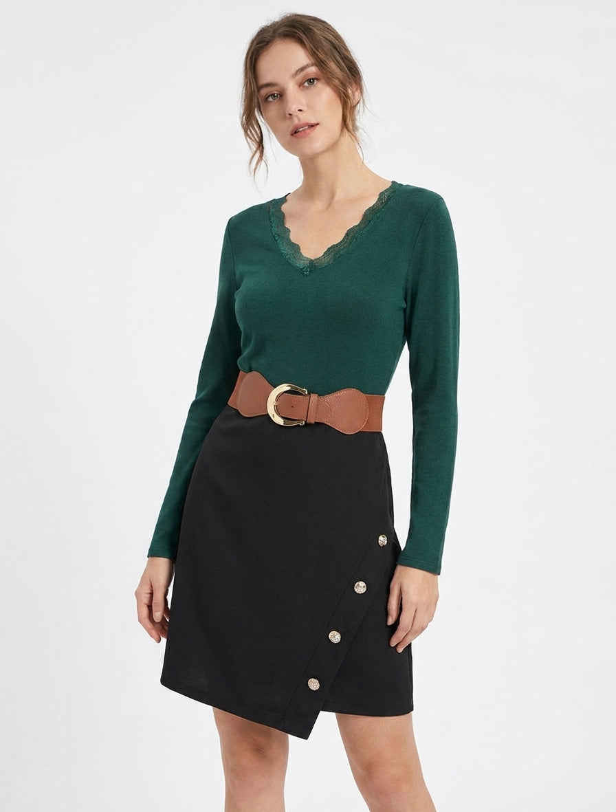 Robe droite col V dentelle - Vert sapin