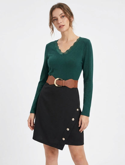 Robe droite col V dentelle - Vert sapin