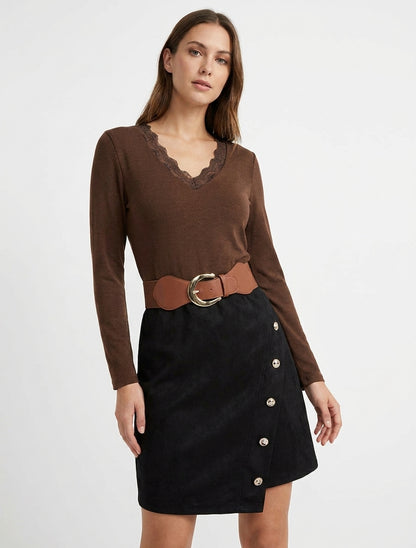 Robe droite col V dentelle - Marron