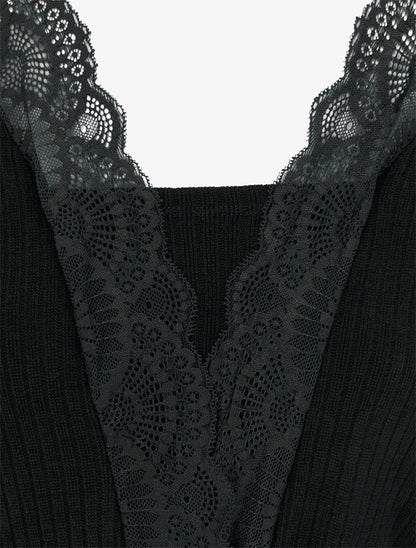 Robe droite bimatière à détail dentelle - Noir - 3