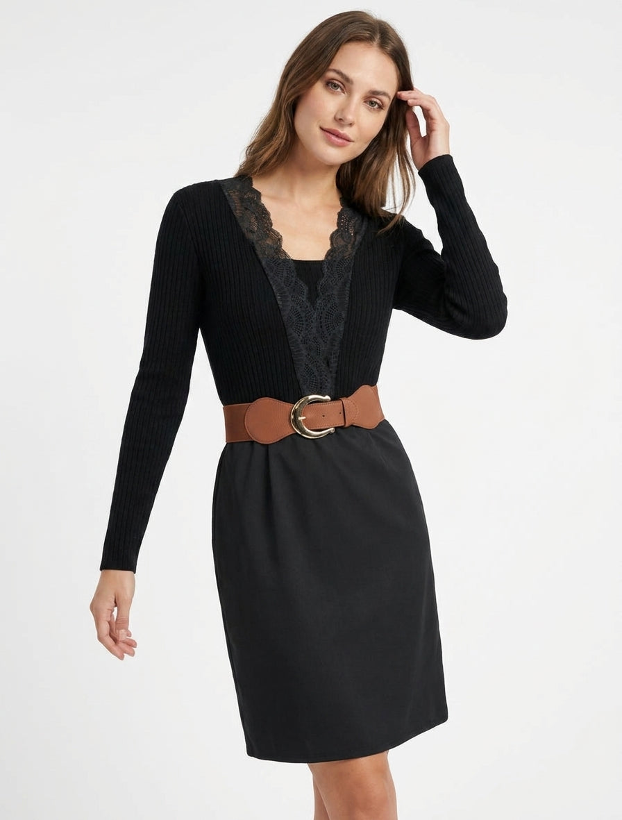 Robe droite col V à ceinture - Noir