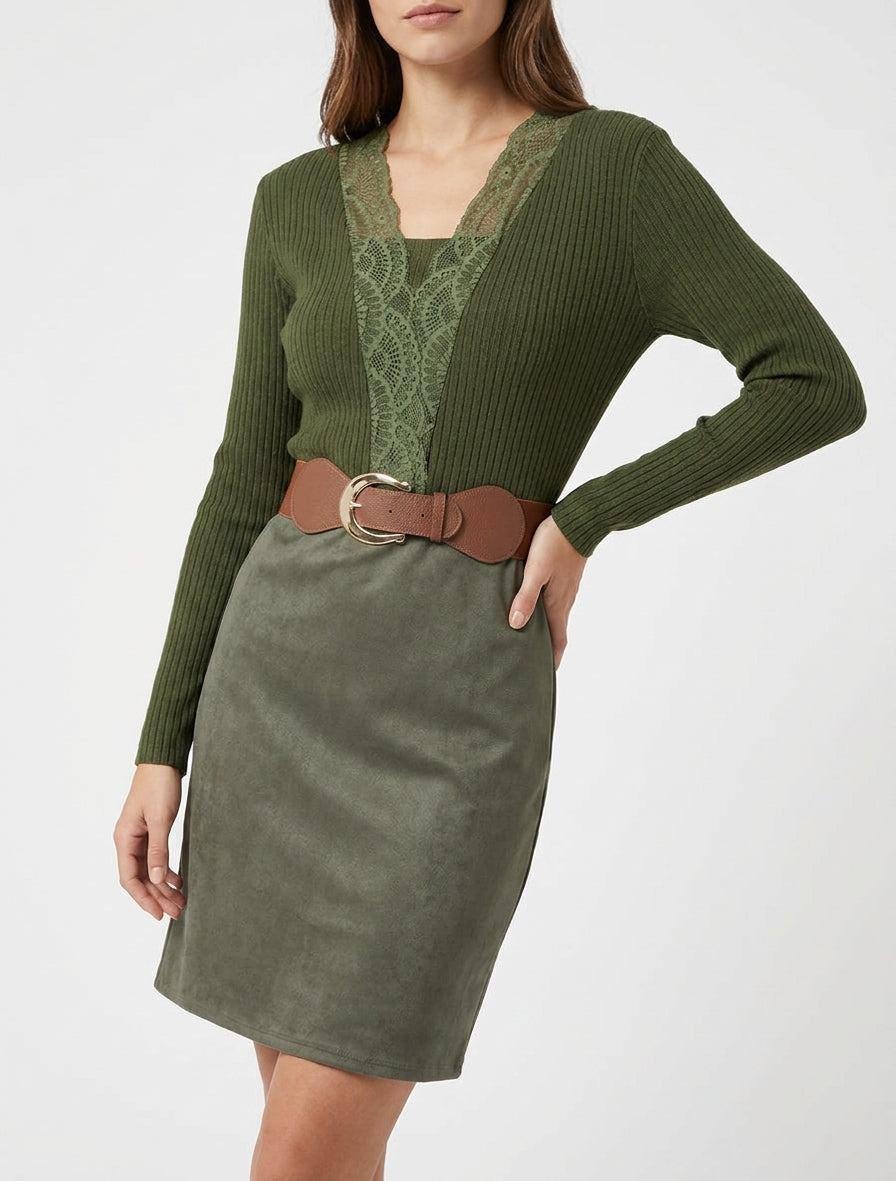 Robe droite col V dentelle - Kaki