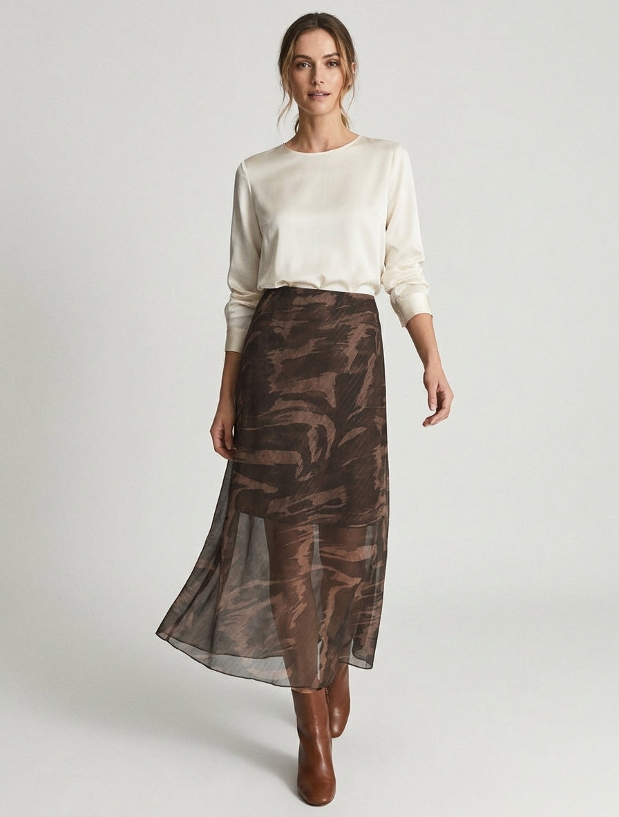 Jupe longue taille haute irisée - Marron