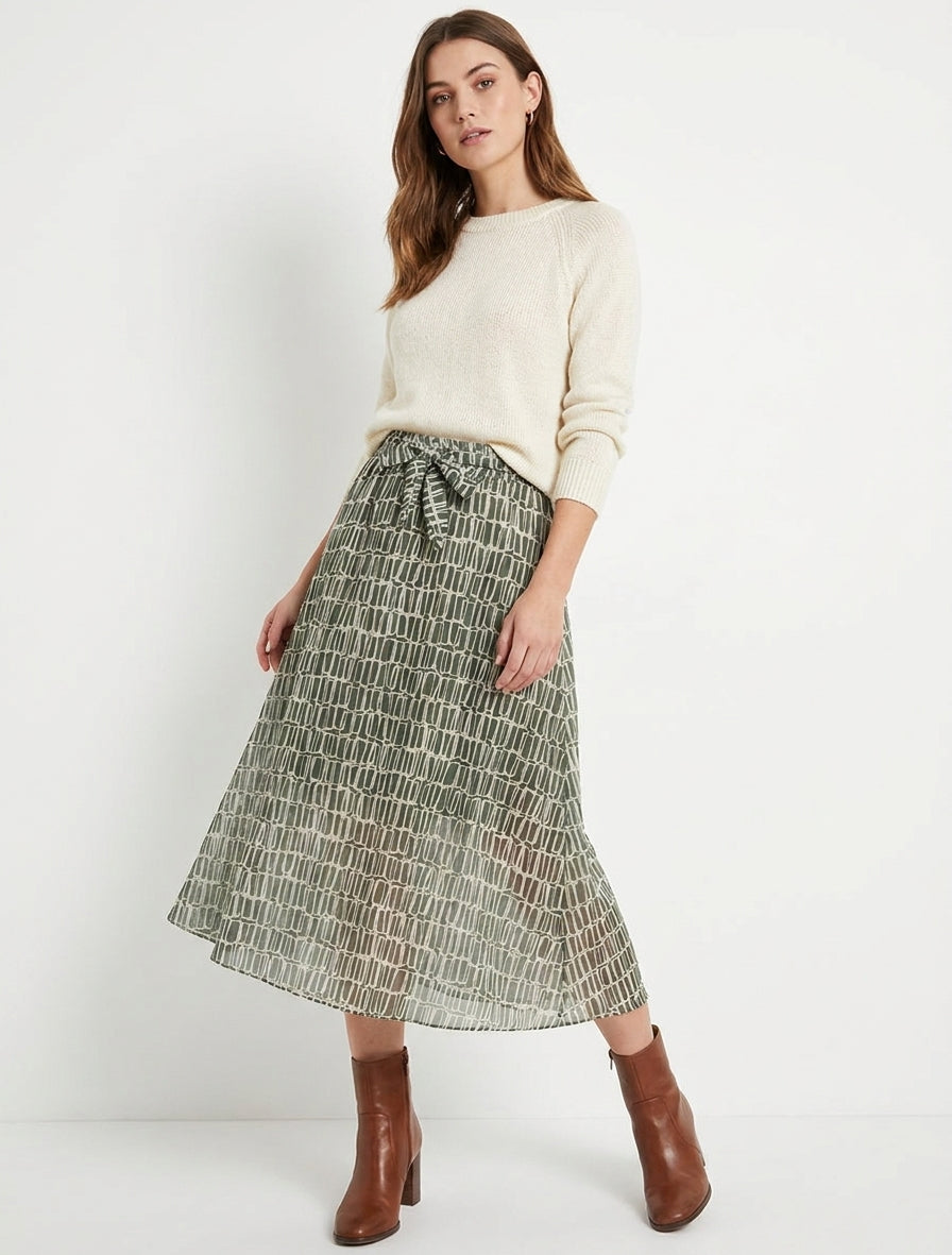 Jupe midi évasée à ceinture nouée - Kaki