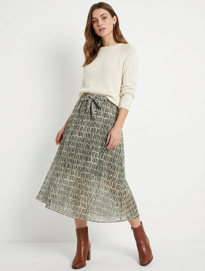 Jupe midi évasée à ceinture nouée - Kaki